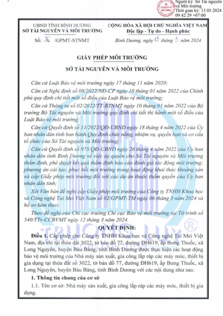 Giấy phép môi trường Công ty TNHH Khoa học và Công nghệ TAI MEI Việt Nam